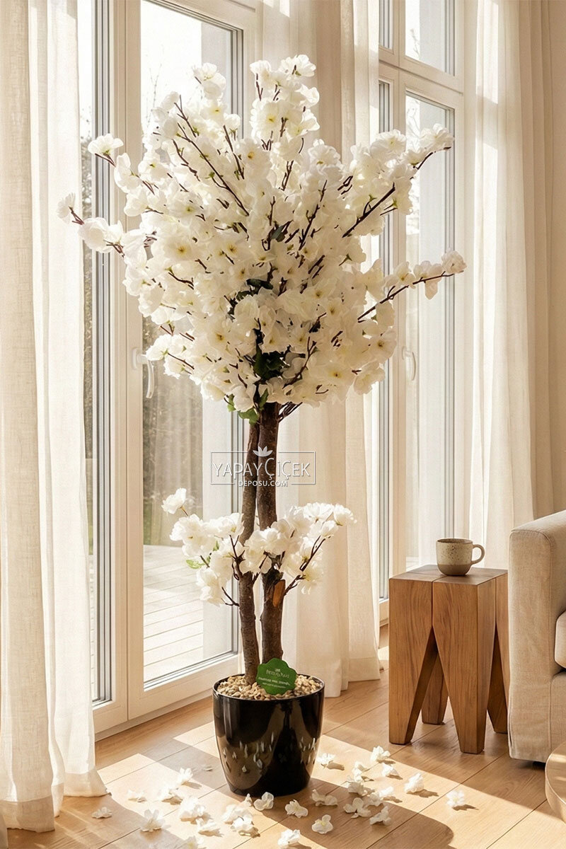 Saksıda Yapay 2 Gövdeli Bahar Dalı Ağacı 100 cm Beyaz