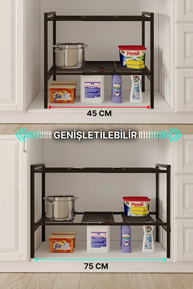 Dolap İçi Tezgah Altı Raf Metal Ayarlanabilir Organizer Mutfak Banyo Çok Amaçlı Düzenleyici