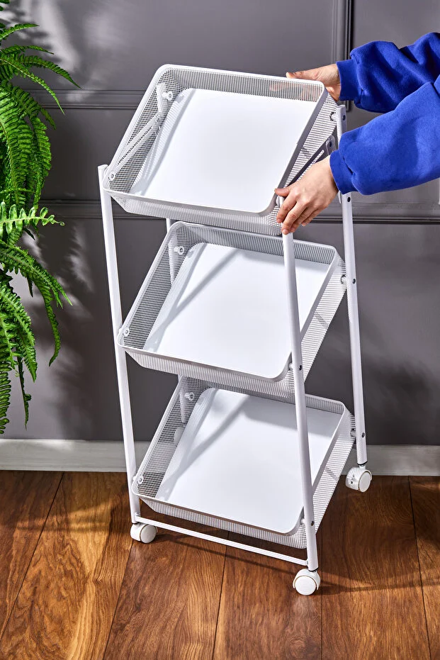 Cornella 3 Katlı Katlanır Beyaz Renk Metal Çok Amaçlı Organizer Tekerlekli Düzenleyici Dikdörtgen Sepet
