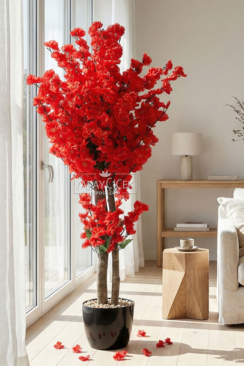 Saksıda Yapay 2 Gövdeli Bahar Dalı Ağacı 100 cm Kırmızı