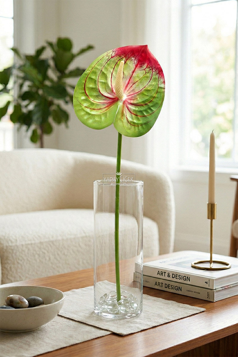 Yapay Islak Tekli Antoryum Dalı 60 cm Yeşil-Fuşya