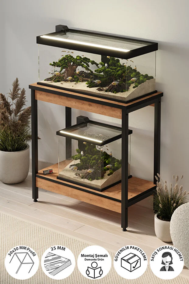 Akvaryum Sehpası Yan Sehpa Metal Ayaklı Sehpa 80 x 40 Cm Çam