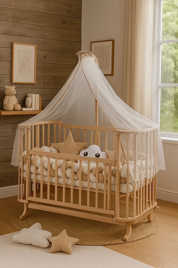 Mabela Beşik Ahşap Kahverengi Krem Örgü Koruma Set Ile