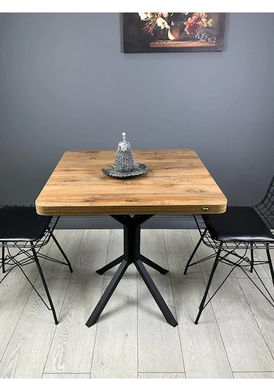 Tepe Ceviz Mutfak Yemek Masası Balkon Masası Kavisli Köşe Siyah Ayak 70 Cm