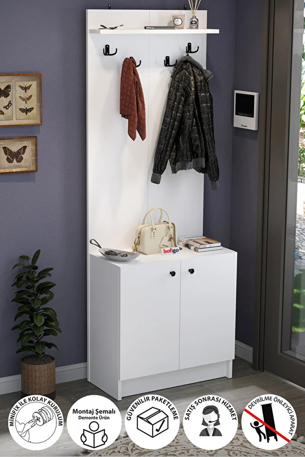 2 Kapaklı Portmanto Elbise Askılığı Vestiyer Ayakkabılık Askılık Güneş Beyaz