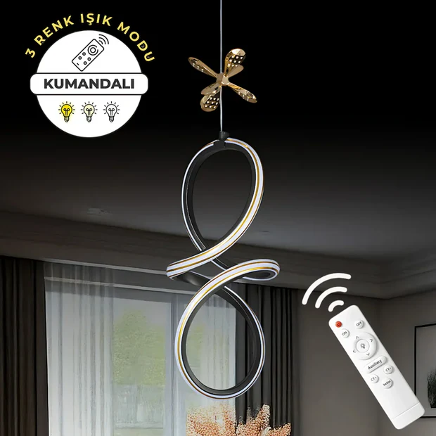 Badem Siyah Gold Çizgili 3 Renk Kumandalı Dimmerli Kelebek Detaylı Sarkıt Led Avize Badem Siyah Gold Çizgili 3 Renk Kumandalı Dimmerli Kelebek Detaylı Sarkıt Led Avize