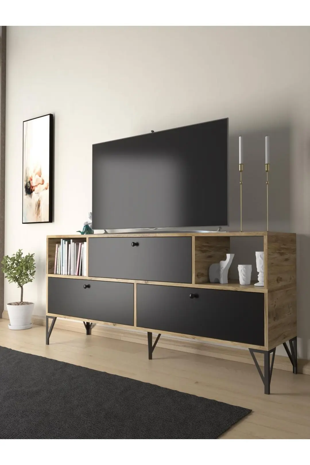 Mia 160 Cm Metal Ayaklı Tv Ünitesi - Konsol - Atlantik Çam - Siyah / Siyah