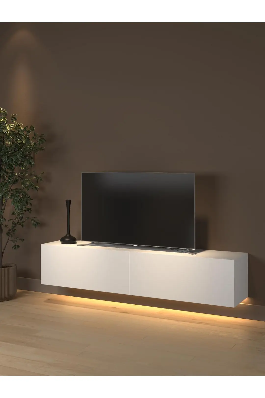 Rami Duvara Monte Led Işıklı, Dolaplı Tv Ünitesi - Tv Sehpası - Minifiksli - Beyaz