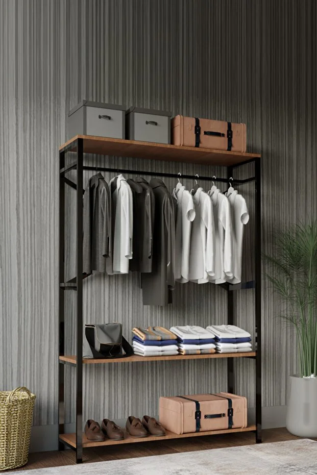 Metal Masif Ahşap Desenli Yonga Levha Açık Giyinme Dolabı