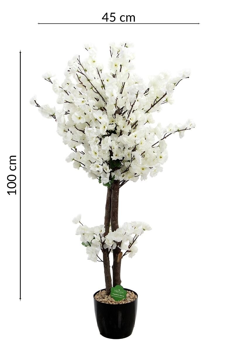 Saksıda Yapay 2 Gövdeli Bahar Dalı Ağacı 100 cm Beyaz