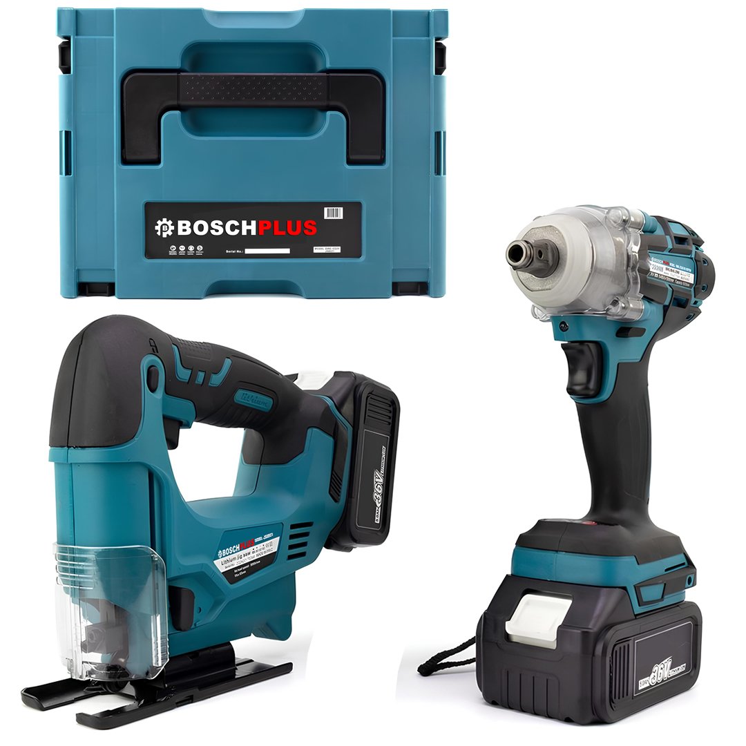 BoschPlus Akülü Kömürsüz 2li Set Ayarlanabilir Dekupaj Testere ve 350Nm Somun Sıkma Sökme 36V 5ah (Mavi)