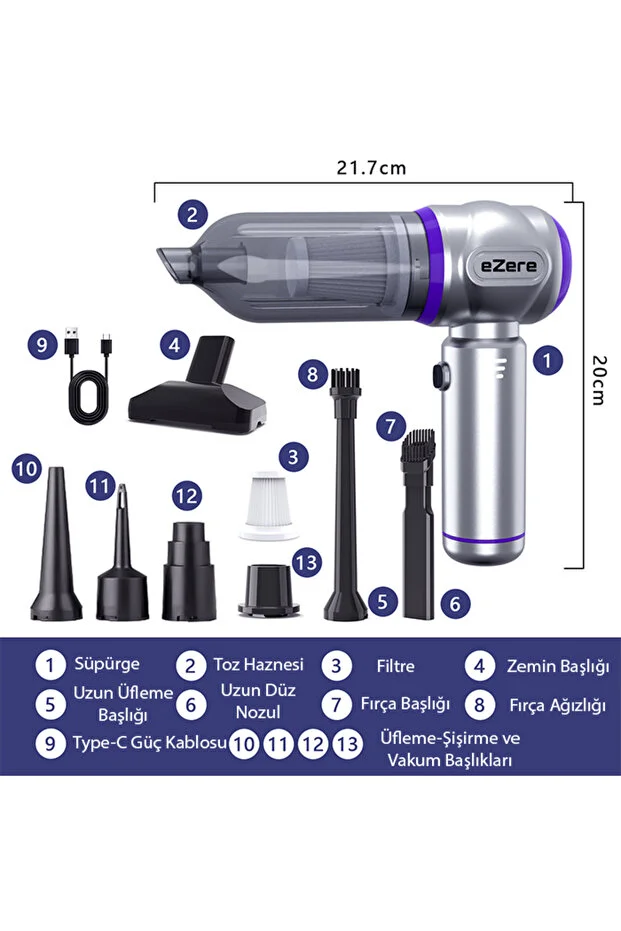 7800 mAh Güçlendirilmiş Pil 20000pa Güçlü Portatif Vakumlu Kablosuz Üflemeli Mini Araç Süpürgesi