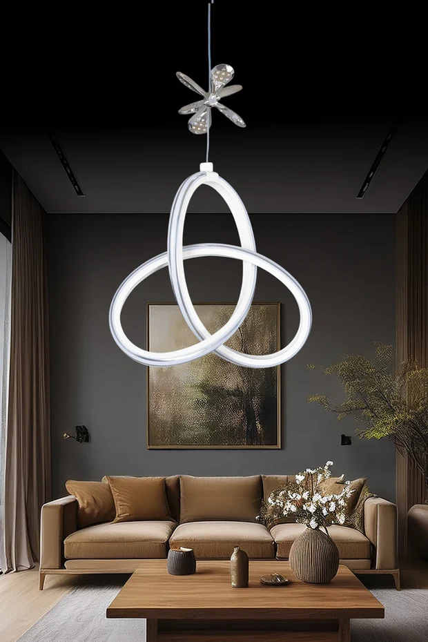 Yonca Beyaz Özel Tasarım Krom Çizgili Krom Kelebek Dekor Detaylı Sarkık Beyaz Ledli Avize Yonca Beyaz Özel Tasarım Krom Çizgili Krom Kelebek Dekor Detaylı Sarkık Beyaz Ledli Avize