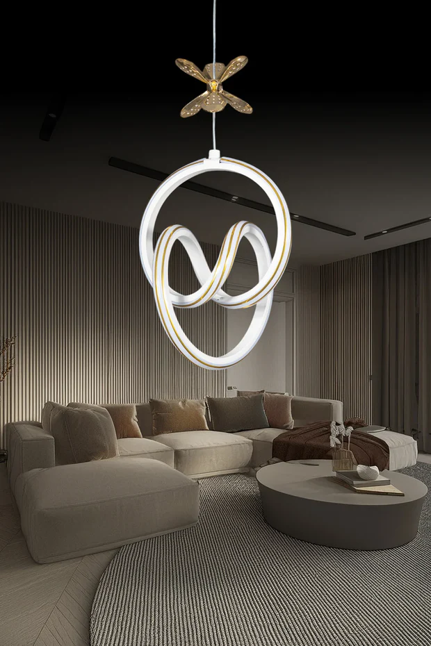 Yaren Beyaz Kumandalı 3 Renk LED Gold Çizgili Gold Kelebek Dekorlu Sarkıt Avize Yaren Beyaz Kumandalı 3 Renk LED Gold Çizgili Gold Kelebek Dekorlu Sarkıt Avize