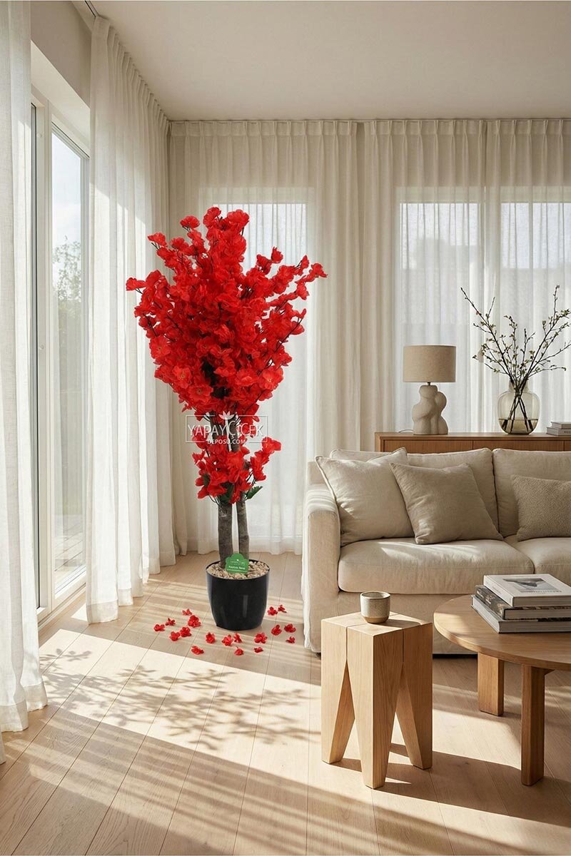 Saksıda Yapay 2 Gövdeli Bahar Dalı Ağacı 100 cm Kırmızı