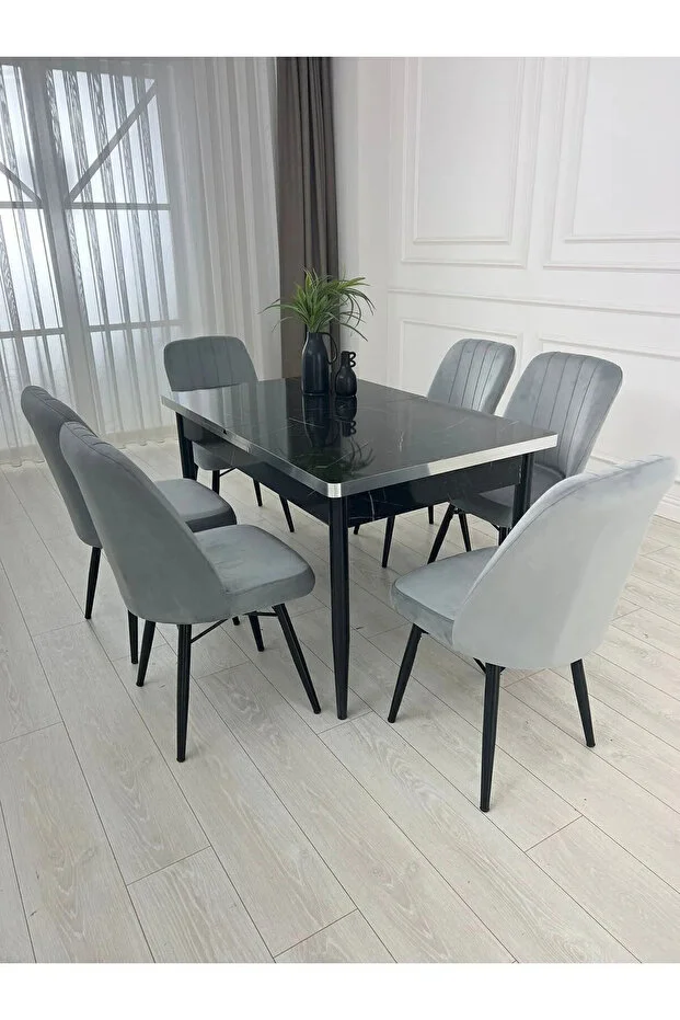 6 Kişilik Açılabilir Yemek Masası Takımı 6 Sandalyeli Siyah Mermer Desenli MDF Yemek Masası Takımı