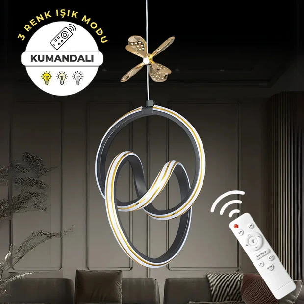 Yaren Siyah Kumandalı 3 Renk LED Gold Çizgili Kelebek Detaylı Sarkıt Dimmerli LED Avize Yaren Siyah Kumandalı 3 Renk LED Gold Çizgili Kelebek Detaylı Sarkıt Dimmerli LED Avize