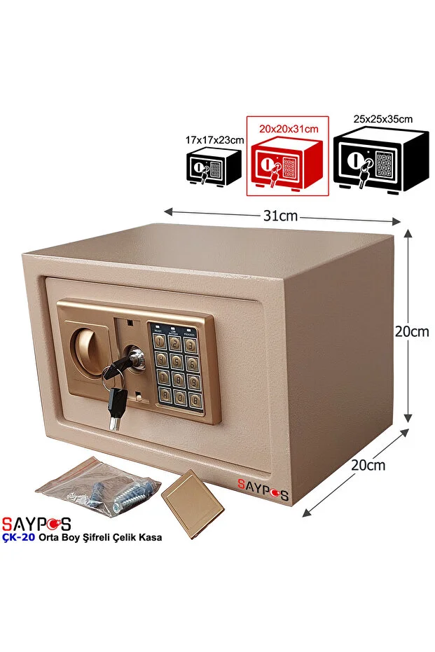 Şık Tasarımlı 2ocm'lik Şifreli Çelik Kasa, Elektronik Tuşlu Değerli Eşya ve Para Kasası 31x20x20cm