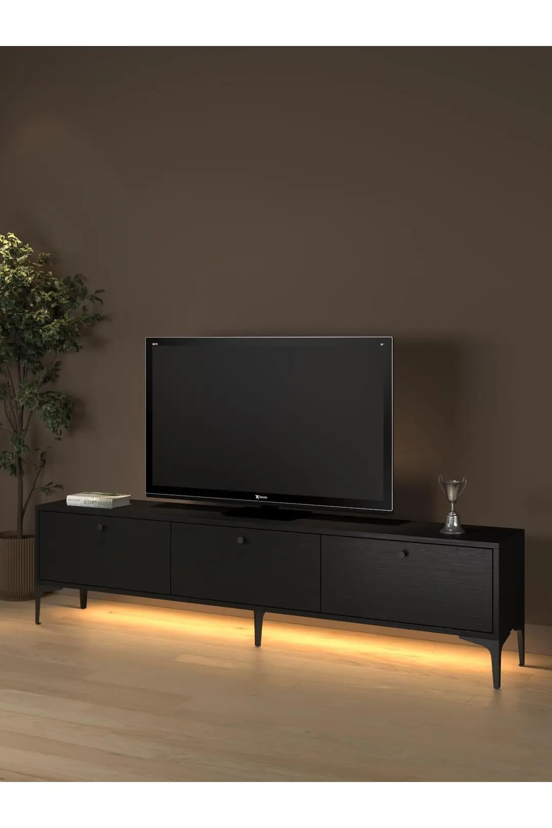 Venüs Led Işıklı Dolaplı Minifiksli 180 Cm Geniş Tv Ünitesi - Tv Sehpası - Wood Siyah