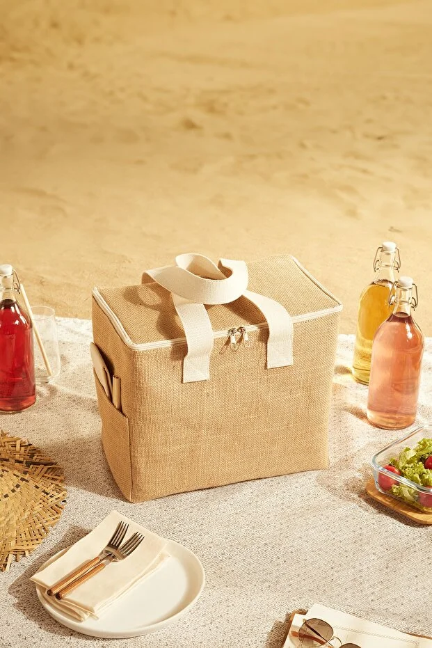 Büyük Boy Jüt Buzluk Termal Piknik Kamp Seyahat Plaj Soğuk Tutan Çanta 35x20x33