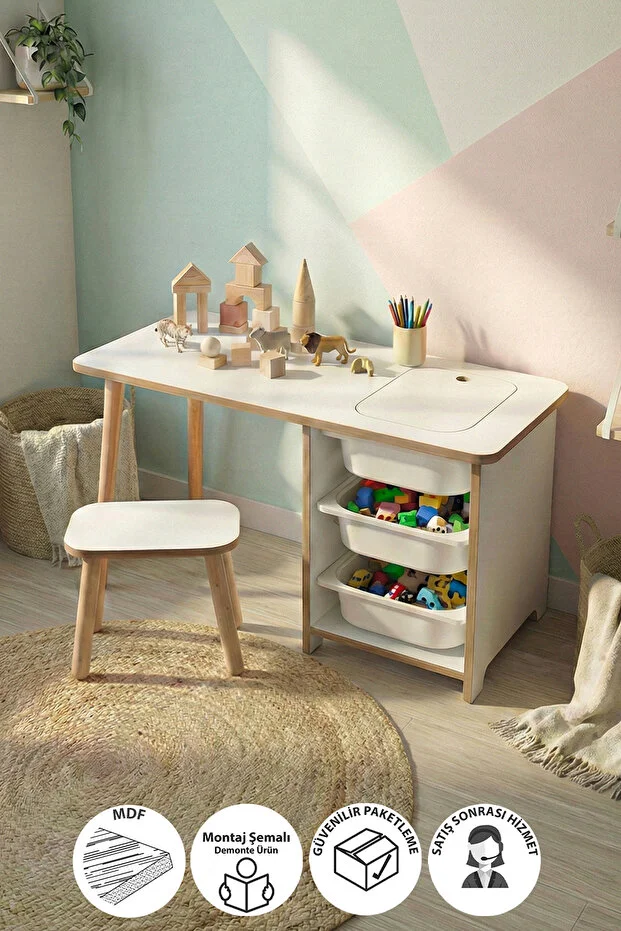 Çocuk Çalışma Masası Oyun Masası Etkinlik Masası Aktivite Masası Seti 1 Masa + 1 Tabure Beyaz