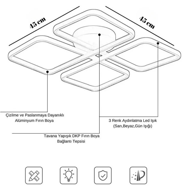 Novem Siyah Plafonyer Kumandalı Ultra Süper 3 Renk Işık Ledli Avize