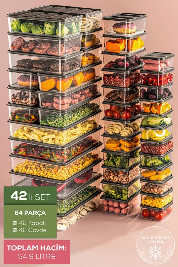 42'li Buzdolabı Düzenleyici Organizer Mikrodalgaya Uygun Difriz Saklama Kabı Gri