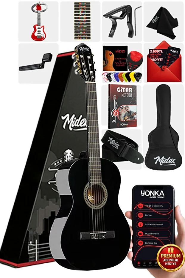 Siyah Klasik Gitar 4/4 Yetişkin Boy Sap Ayarlı Full Set