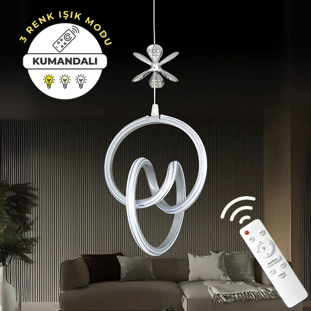 Yaren Gri Uzaktan Kumandalı 3 Renk Ledli Özel Tasarım Krom Çizgili Krom Kelebek Dekor Detaylı Sarkık Ledli Avize Kumandalı Avize Dimmerli Avize