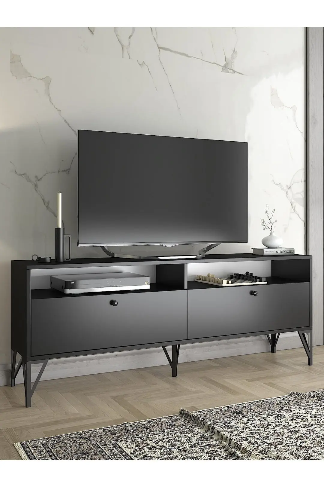 Astreo 160 Cm Metal Ayaklı Tv Ünitesi - Siyah / Siyah Astreo 160 Cm Metal Ayaklı Tv Ünitesi - Siyah / Siyah