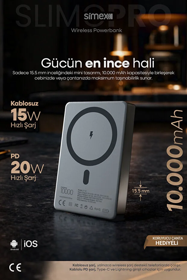Simex Slim Magsafe Powerbank 10000 mAh - 20W PD Hızlı Şarj Taşınabilir Batarya Simex Slim Magsafe Powerbank 10000 mAh - 20W PD Hızlı Şarj Taşınabilir Batarya