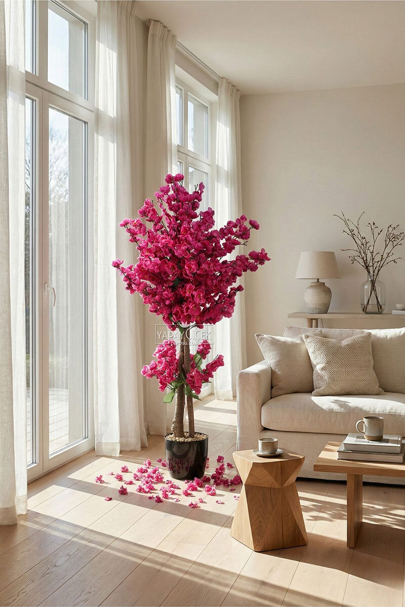 Saksıda Yapay 2 Gövdeli Bahar Dalı Ağacı 100 cm Mor