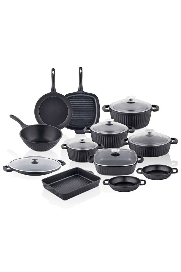 Valeriya Döküm Cam Kapak 18 Parça Çeyiz Seti Siyah