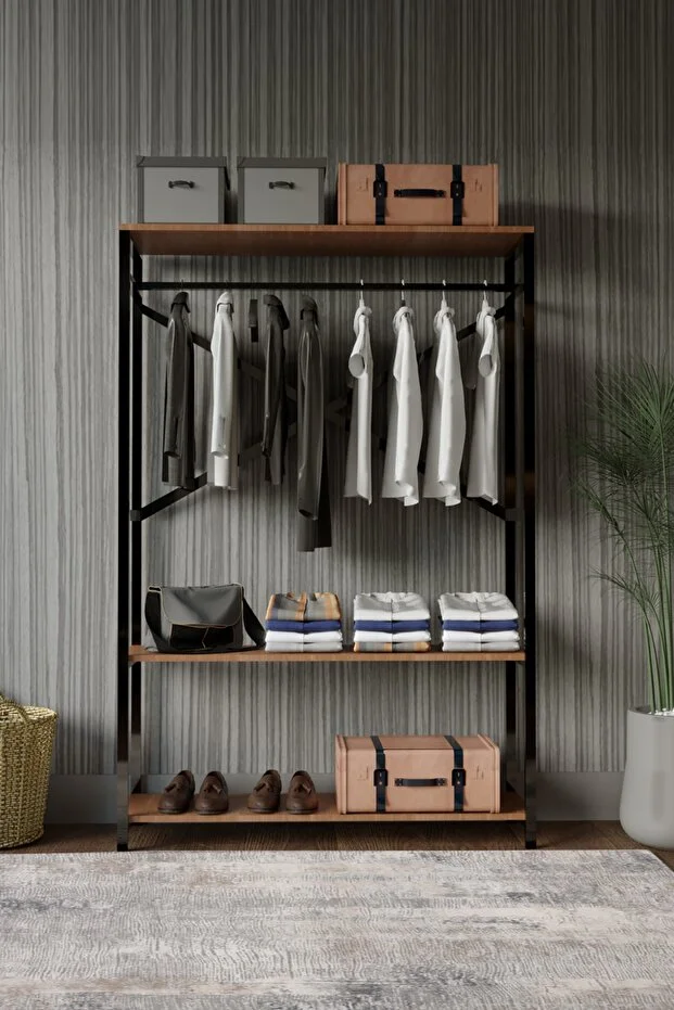 Metal Masif Ahşap Desenli Yonga Levha Açık Giyinme Dolabı