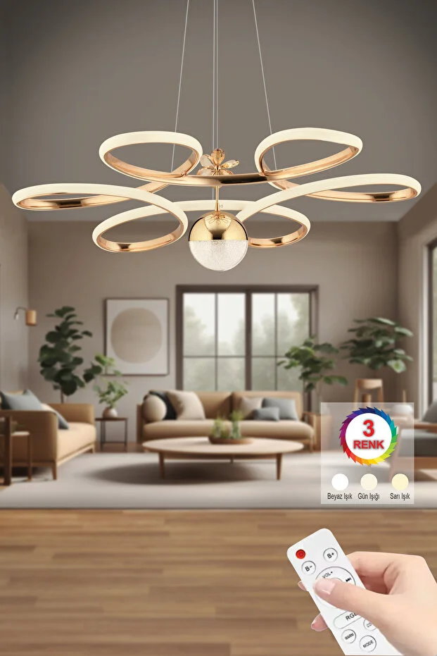 Papatya Kumandalı Gold 3 Renk Ledli Kumandalı Modern Led Avize Papatya Kumandalı Gold 3 Renk Ledli Kumandalı Modern Led Avize