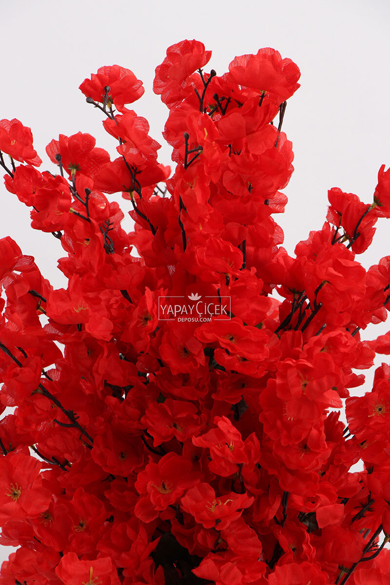 Saksıda Yapay 2 Gövdeli Bahar Dalı Ağacı 100 cm Kırmızı