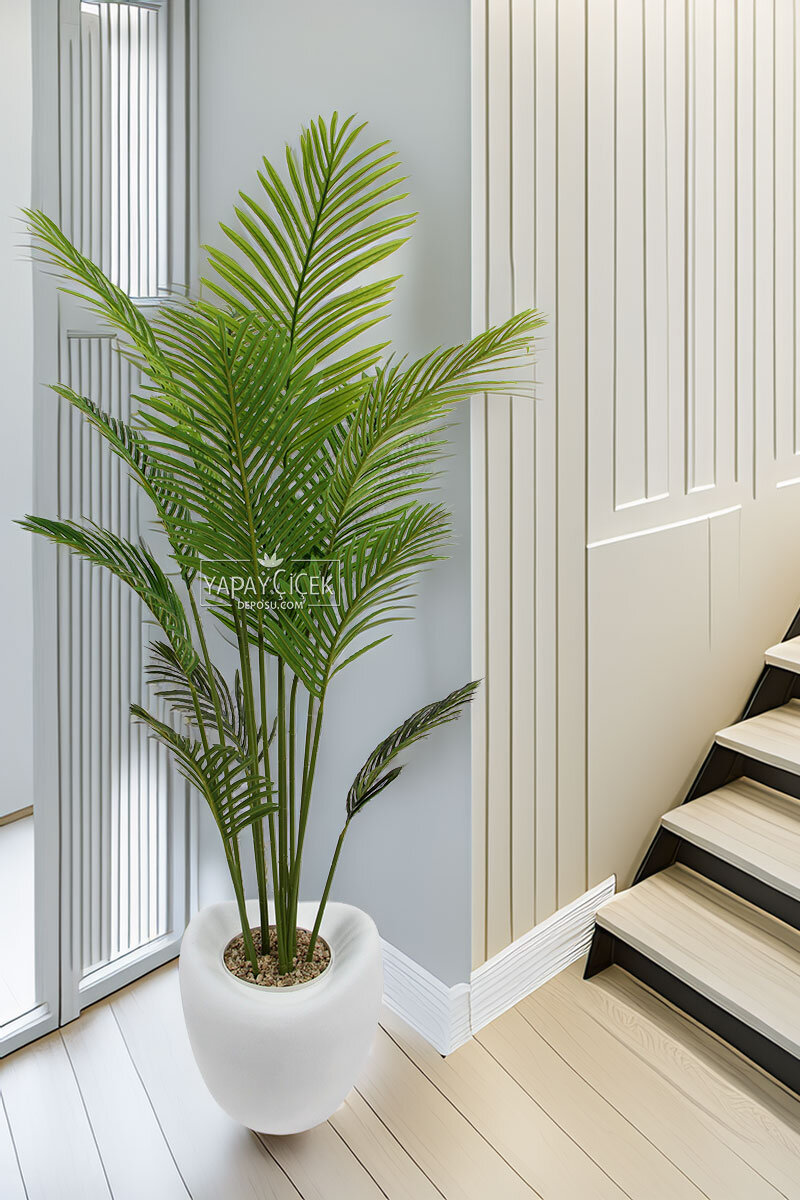 Yapay Ağaç Dinazor Yumurtası Saksıda Areka Palmiye Ağacı 205 cm Beyaz