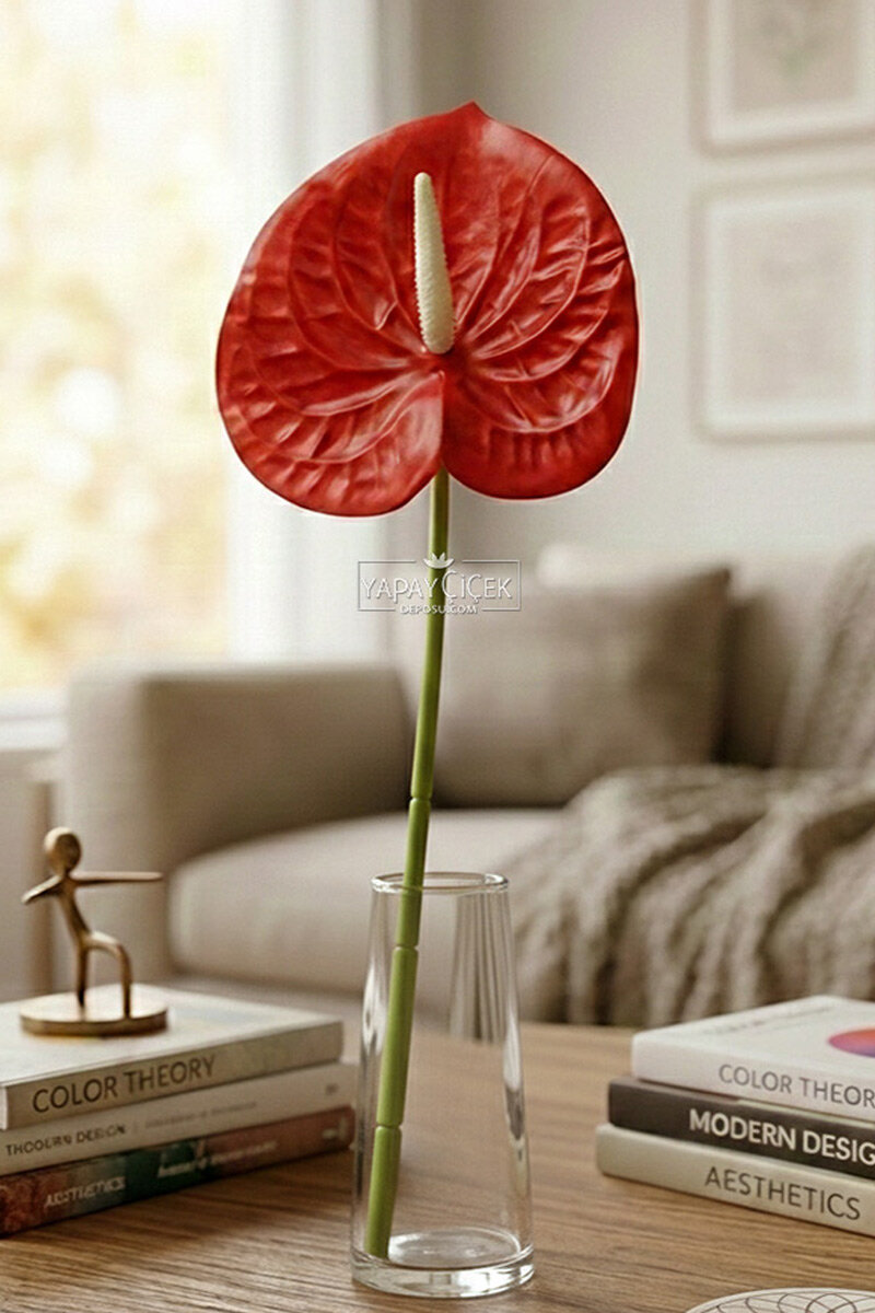 Yapay Islak Tekli Antoryum Dalı 60 cm Kırmızı