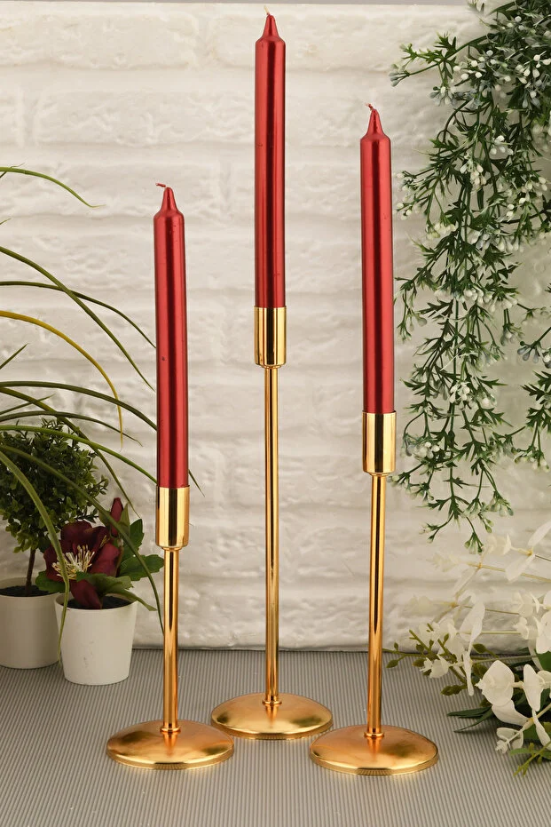 Gianno Dekoratif Düz Tij Mumluk 3 Lü Takım Gold-Gümüş