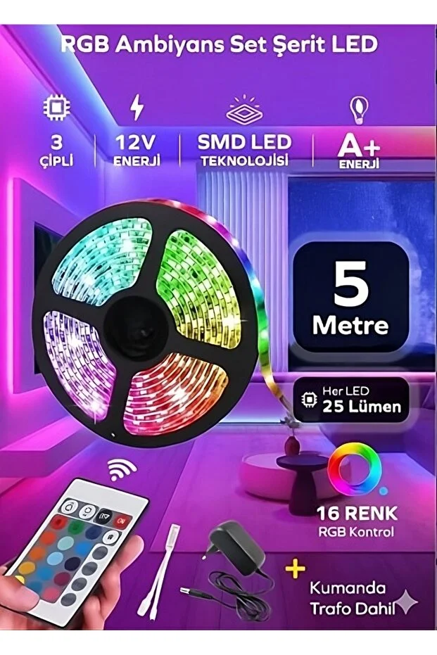 AKILLI RGB LED ȘERİT 12V 1.5A ADAPTÖRLÜ UZAKTAN KONTROL KUMANDALI RENKLI 5 METRE LED ŞERİT AKILLI RGB LED ȘERİT 12V 1.5A ADAPTÖRLÜ UZAKTAN KONTROL KUMANDALI RENKLI 5 METRE LED ŞERİT
