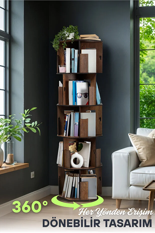 5 Katlı Döner Kitaplık | 360° Dönebilen, 100 Kitap Kapasiteli, Ceviz Renk