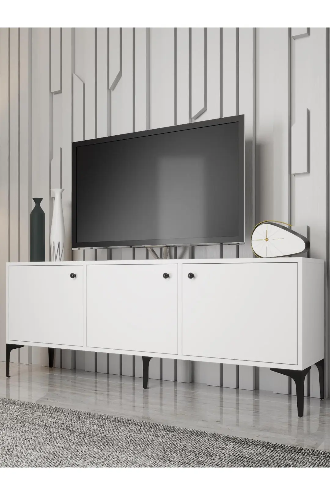 Bello 160 Cm Metal Ayaklı Tv Ünitesi - Konsol - Beyaz / Siyah Bello 160 Cm Metal Ayaklı Tv Ünitesi - Konsol - Beyaz / Siyah