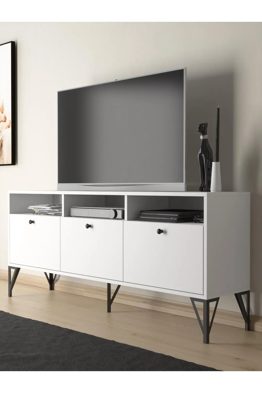 Rhea 160 Cm Dolaplı, Minifiks Bağlantı, Geniş Tv Ünitesi - Konsol - Beyaz / Siyah Rhea 160 Cm Dolaplı, Minifiks Bağlantı, Geniş Tv Ünitesi - Konsol - Beyaz / Siyah