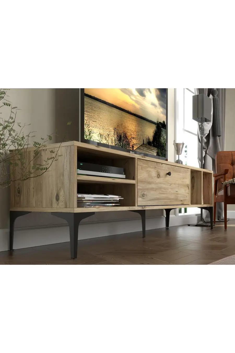 Milan Tv Ünitesi Minifiks Bağlantı , Dolap Metal Ayak - Atlantik Çam / Siyah