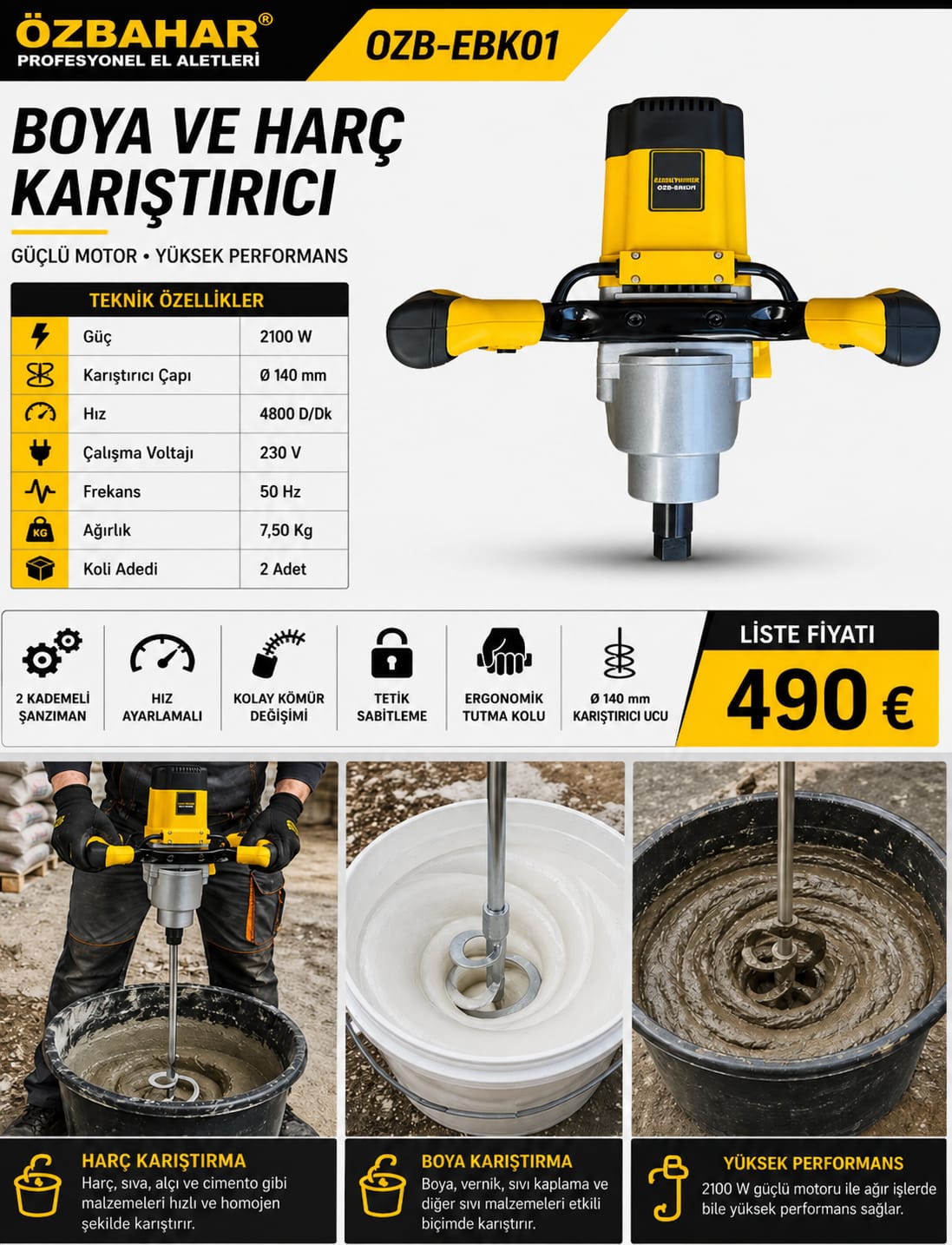 Özbahar OZB-EBK01 2100 W profesyonel boya ve harç karıştırıcı Özbahar OZB-EBK01 2100 W profesyonel boya ve harç karıştırıcı