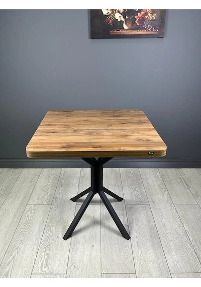 Tepe Ceviz Mutfak Yemek Masası Balkon Masası Kavisli Köşe Siyah Ayak 70 Cm