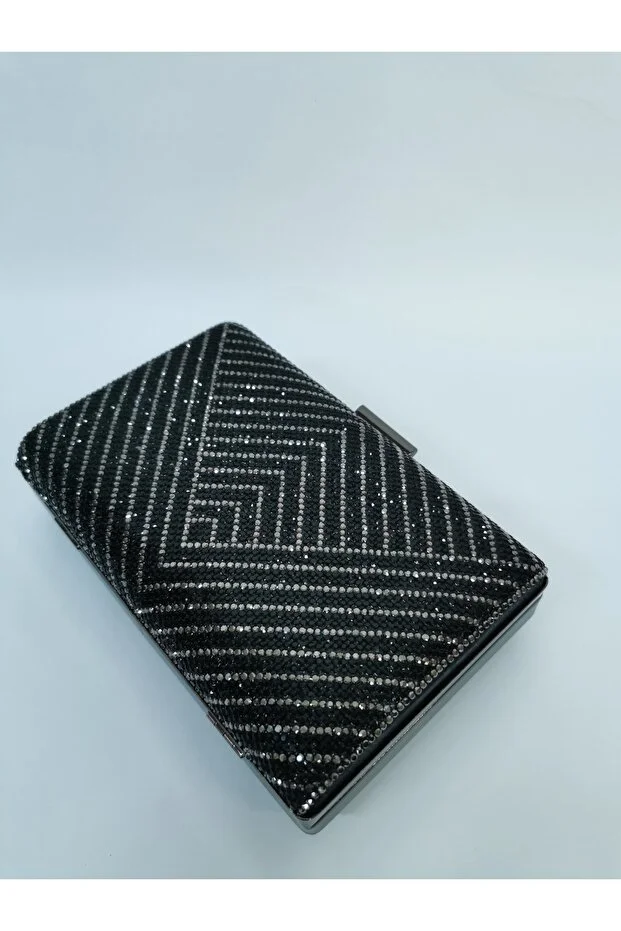 Kadın Siyah Taşlı Abiye Clutch Portföy El Gece Düğün Nişan Çantası