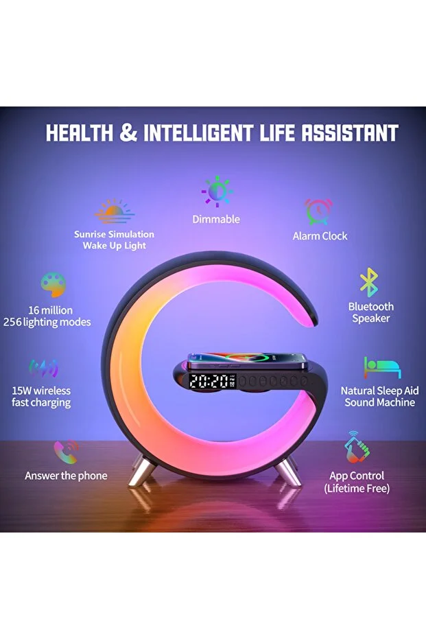 Masa Lambası Kablosuz Şarj Özellikli Saat Hoparlör Masa Lambası Kablosuz Şarj Özellikli Saat Hoparlör
