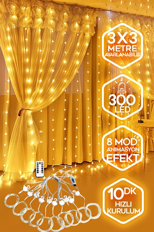 3x3 Metre USB'li 8 Animasyonlu Uzaktan Kumandalı Gün Işığı Peri Tel Led Perde