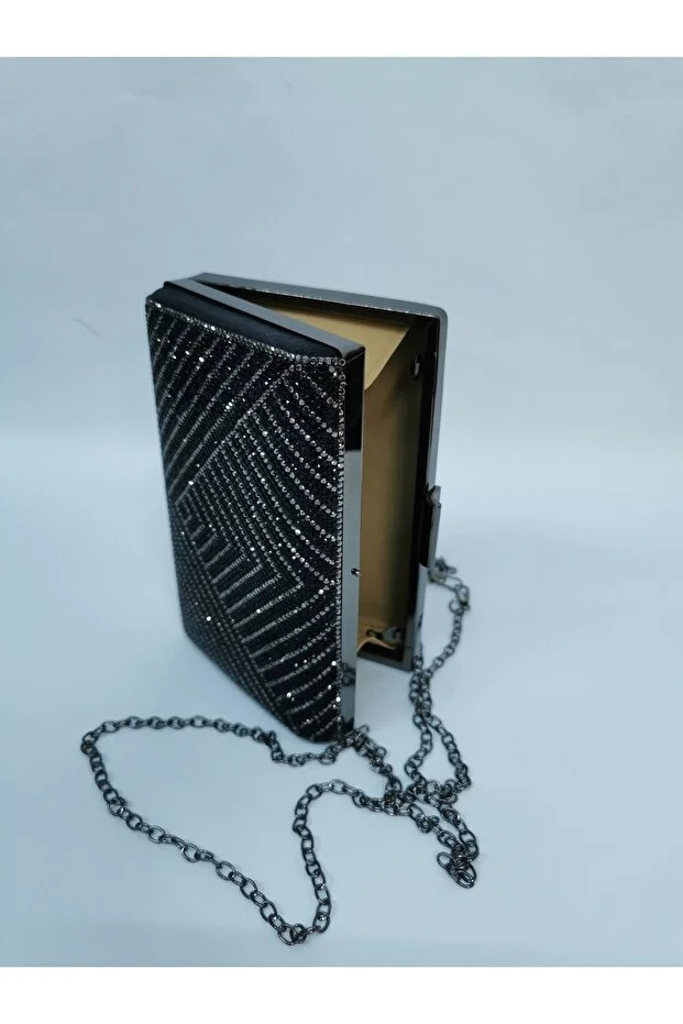 Kadın Siyah Taşlı Abiye Clutch Portföy El Gece Düğün Nişan Çantası